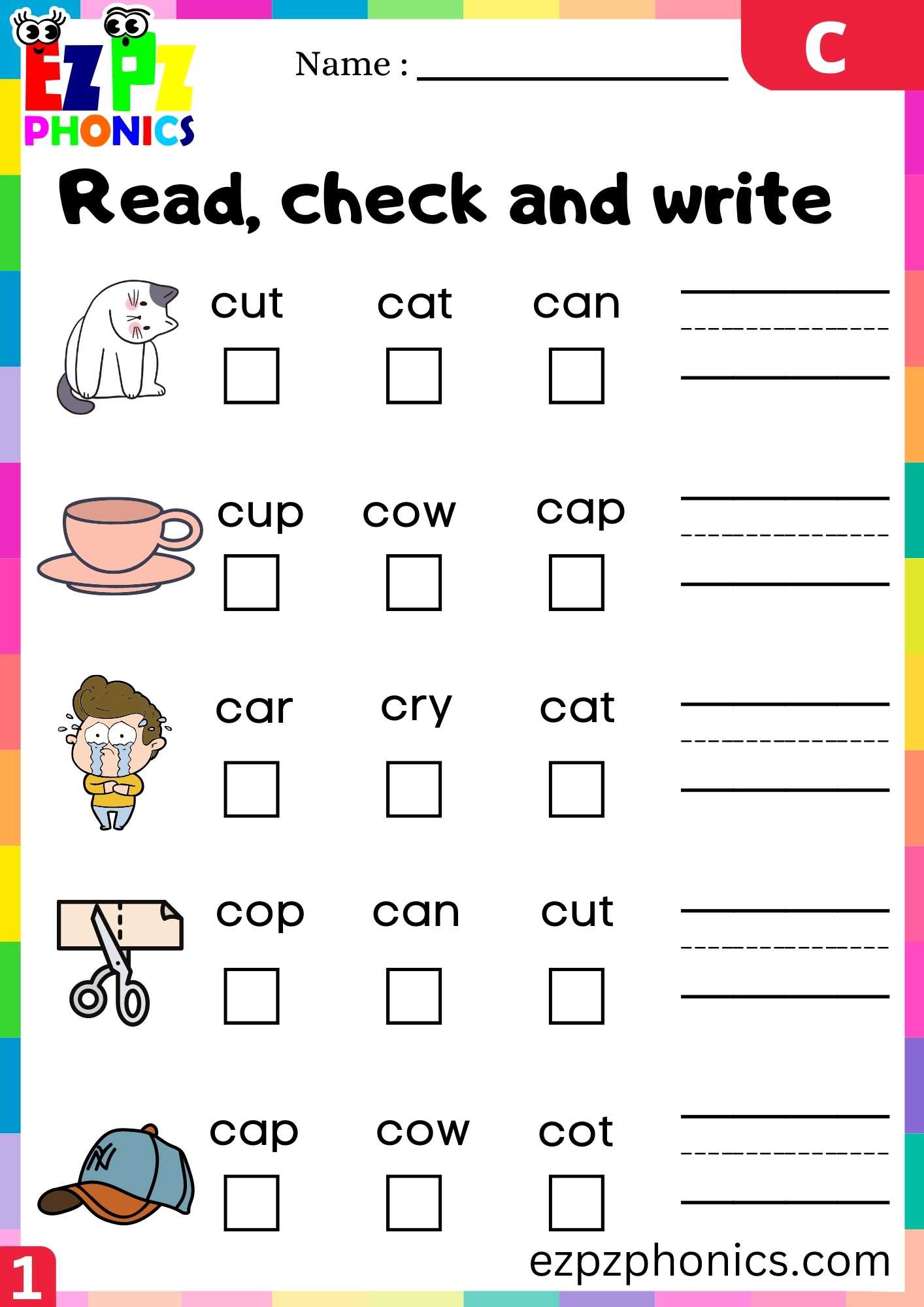 Letter C Read Check And Write Beginning Sounds Worksheet Set 1